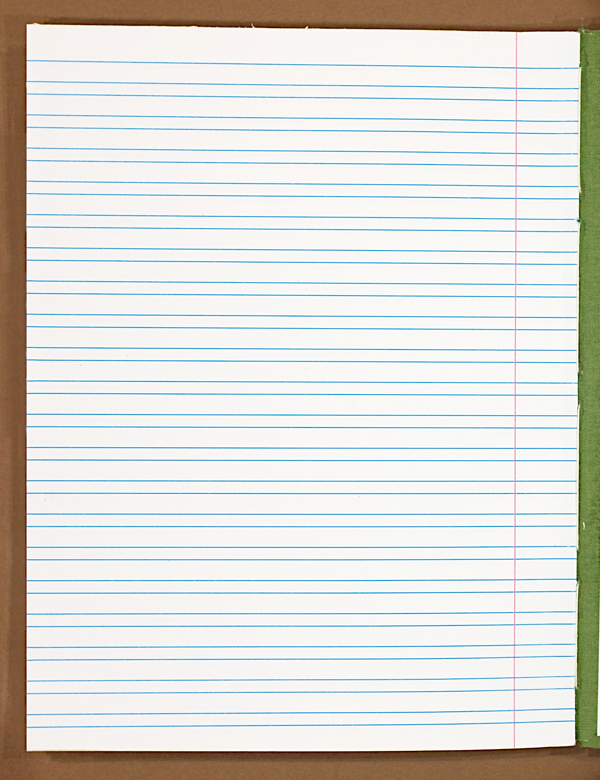A custom sheet of white notebook paper fills most of the frame, designed specifically for the spacing of writing in Hebrew. There is a pink vertical line near the right edge of the page to create a margin. Blue lines run across the full width of the page. The top has some extra blank space for titling purposes. The top line is followed below by the second line. The third line is half the distance from the second line as the second line is from the first. This pattern repeats so there is a large space, a smaller space, a large space, a smaller space and so on down the page. The page is sewn into a notebook, with the green bookcloth hinge visible on the right side of the image.